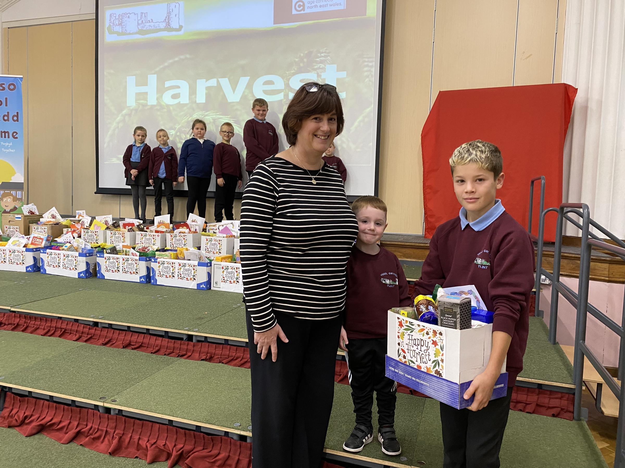Food hampers were created by pupils at Ysgol Gwynedd, Flint, for the elderly in the community.