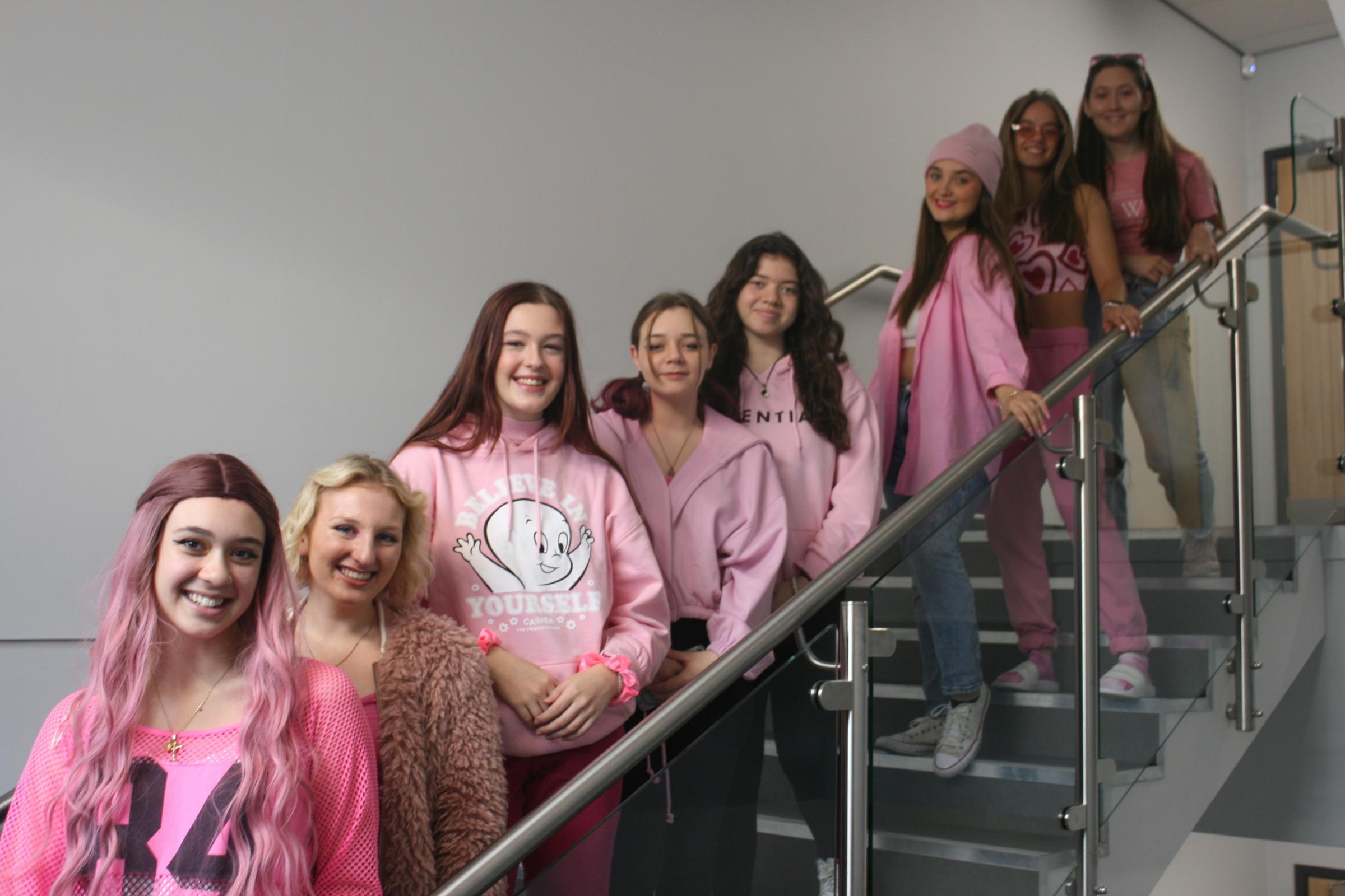 Castell Alun High School students go pink for breast cancer charity.