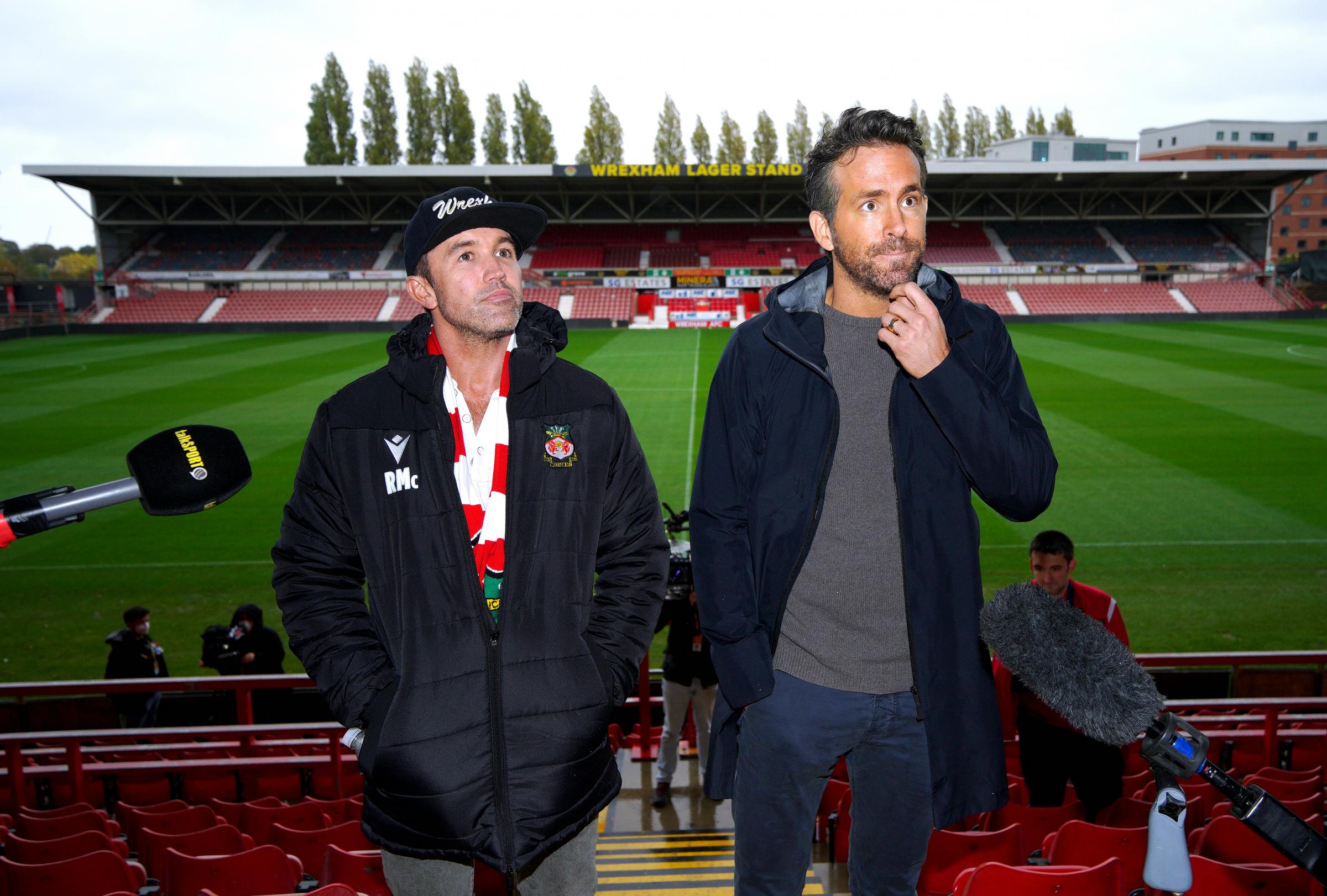 Wrexham co-chairmen Rob McElhenney and Ryan Reynolds during a press conference at the Racecourse Ground, Wrexham. Picture date: Thursday October 28, 2021.