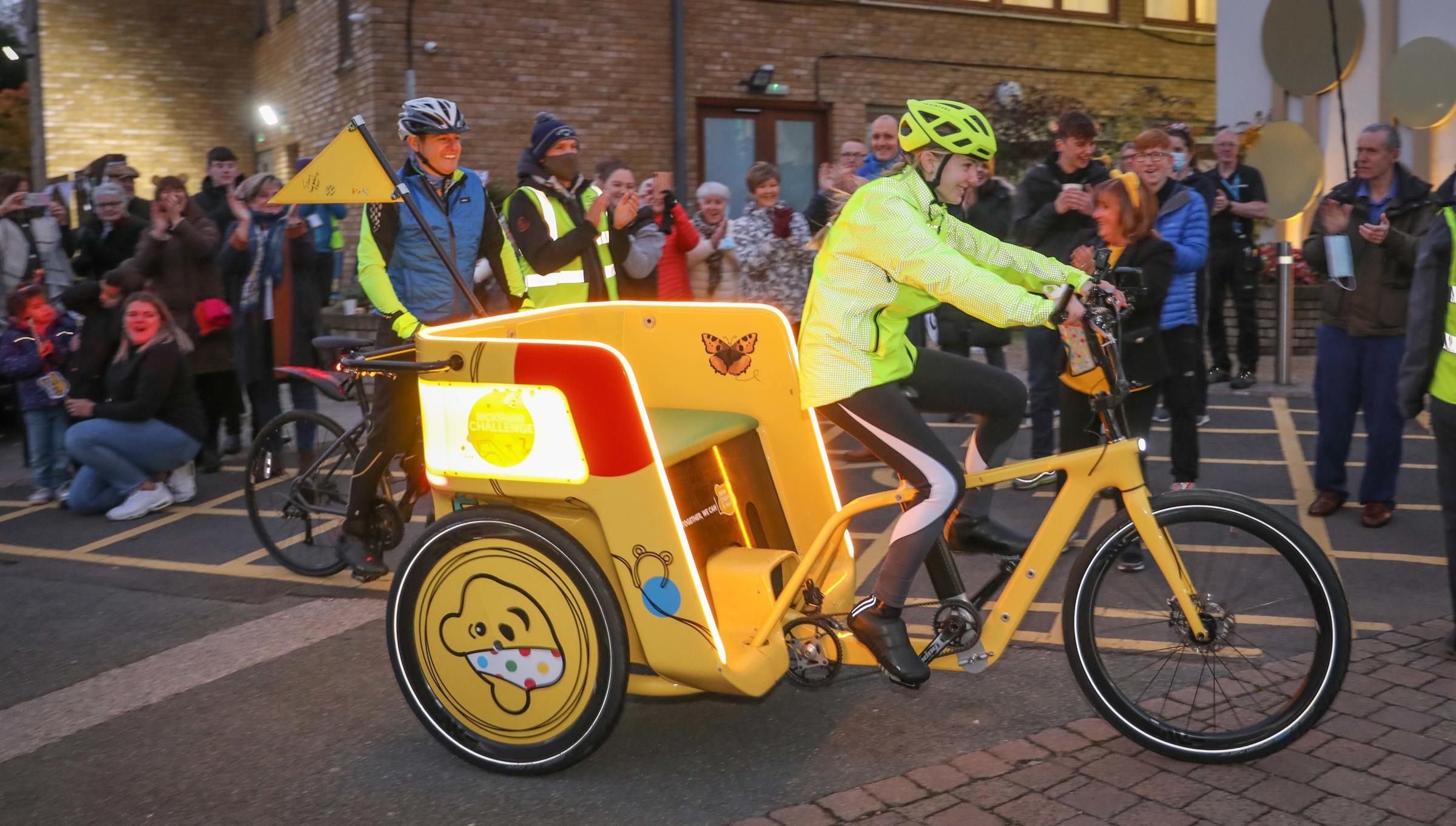 Ifor Williams Trailers Children in Need Rickshaw Challenge 2021 Olivia Ruston arrives at Claire House Hospice, Bebbington with Matt Baker finishing her leg from Southport