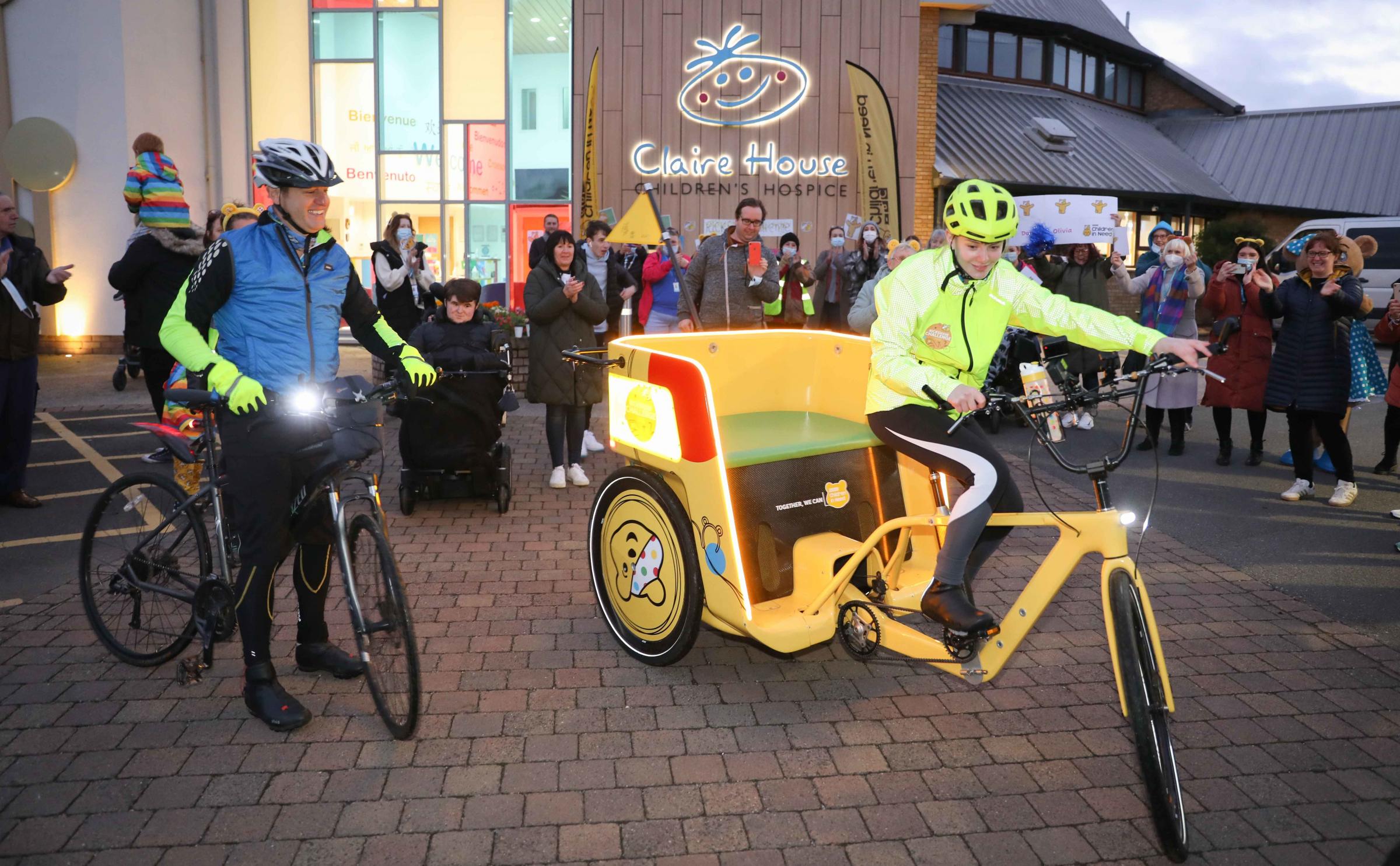 Ifor Williams Trailers Children in Need Rickshaw Challenge 2021 Olivia Ruston arrives at Claire House Hospice, Bebbington with Matt Baker finishing her leg from Southport