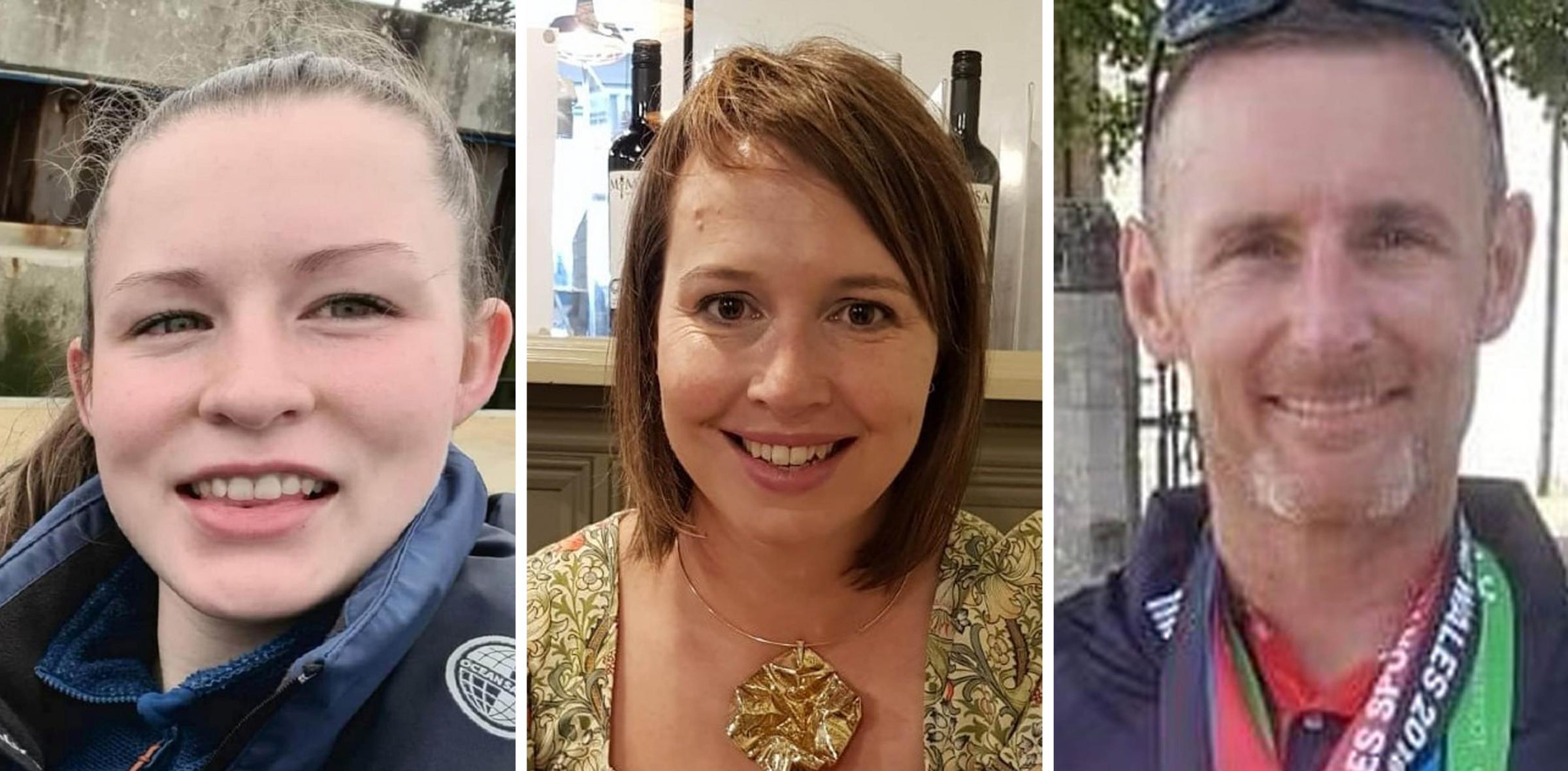 Undated family handout file photos of (left to right) Morgan Rogers, 24, from Cefin Coed, Merthyr Tydfil, Nicola Wheatley, 40, from Pontardulais, Swansea, and Paul ODwyer, 42, from Sandfields, Port Talbot, who died after a paddleboarding accident in