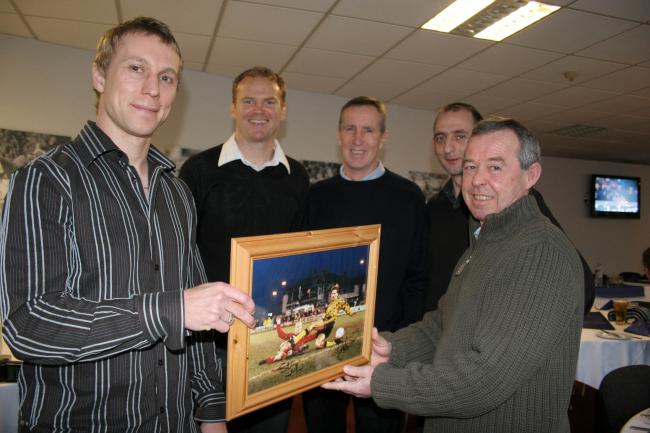 Arsenal 15 Year Anniversary dinner at the Changing Rooms Winning  goal scorer Steve Watkyn With Brian Carey, Joey Jones Wayne Phillips and Brian Flynn