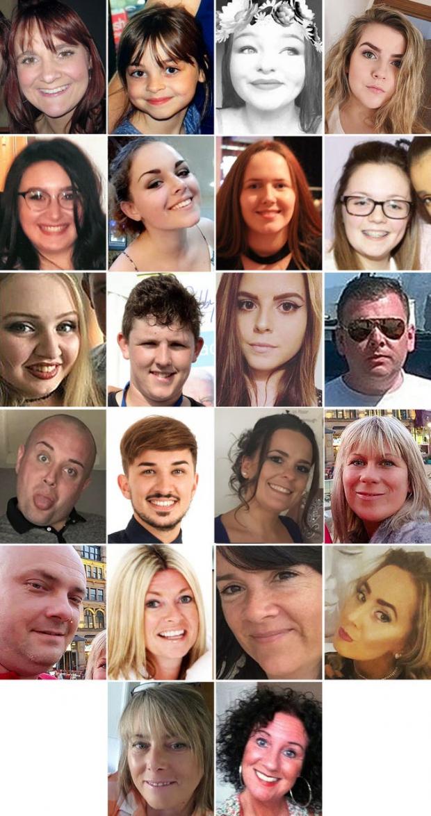 The Leader: The 22 victims of the terror attack during the Ariana Grande concert at the Manchester Arena in May 2017. (Top row L to R) Off-duty police officer Elaine McIver, 43, Saffie Roussos, 8, Sorrell Leczkowski, 14, Eilidh MacLeod, 14, (2nd row L to R) Nell Jones, 14, Olivia Campbell-Hardy, 15, Megan Hurley, 15, Georgina Callander, 18, (3rd row L to $), Chloe Rutherford, 17, Liam Curry, 19, Courtney Boyle, 19, and Philip Tron, 32, (4th rowL to R) John Atkinson, 26, Martyn Hett, 29, Kelly Brewster, 32, Angelika Klis, 39, (5th row L to R) Marcin Klis, 42, Michelle Kiss, 45, Alison Howe, 45, and Lisa Lees, 43 (6th row L to R) Wendy Fawell, 50 and Jane Tweddle, 51 (Greater Manchester Police/PA)