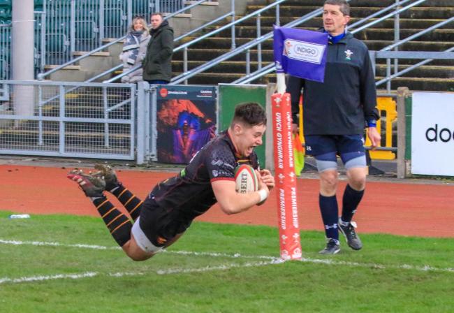 Rhodri King scores his first try for RGC   Picture: TONY BALE