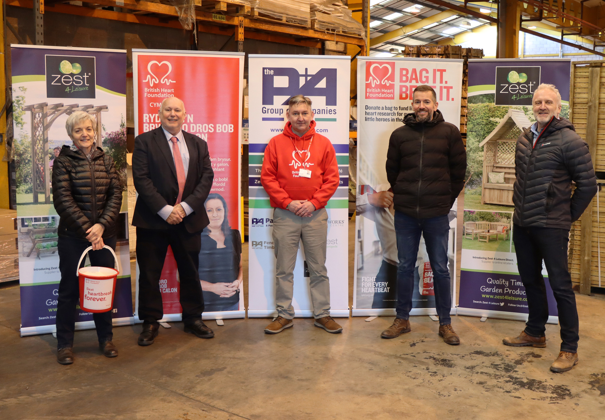 From left: Hazel Bainbridge, HR director, Paul Booth, operations director, Andrew Green, British Heart Foundation fundraising manager for North Wales, Andrew Baker P&A Group financial director and Steve Morgan, P&A Group managing director