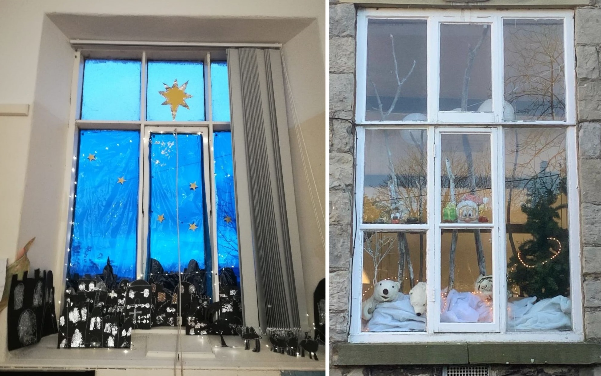 The Bethlehem scene of Key Stage 2 (left) and winter scene from the Foundation Phase (right) at Froncysyllte CP School.