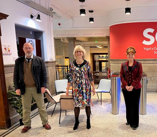 The Leader: Alec Shepley, Dean of the Faculty of Arts, Science and Technology, Vice-Chancellor Professor Maria Hinfelaar and Wrexham MP Sarah Atherton