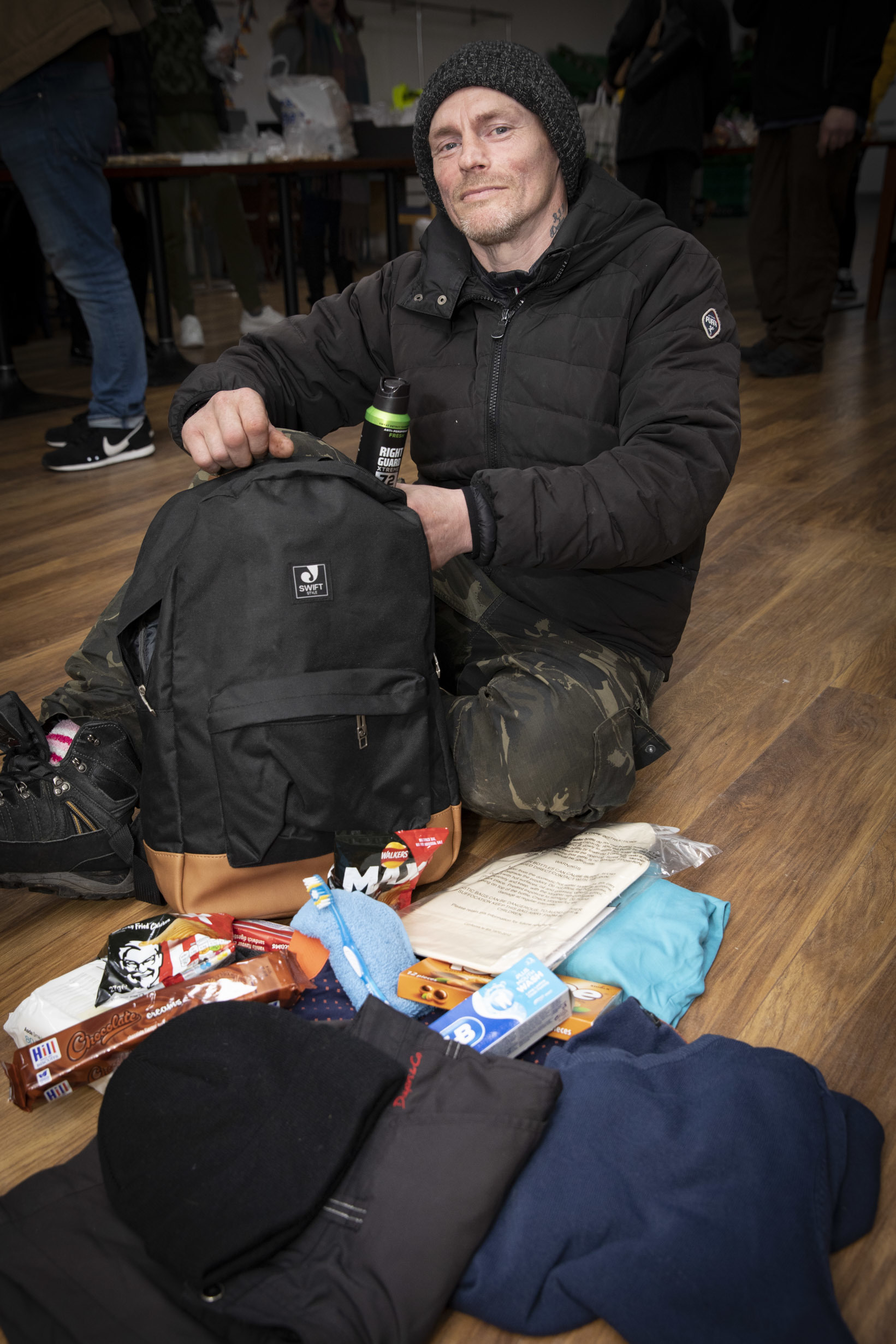 Hadlow Edwards donation to help homeless people. Pictured is service user Steve Edwards who received one of the rucksacks containing donations. Picture Mandy Jones