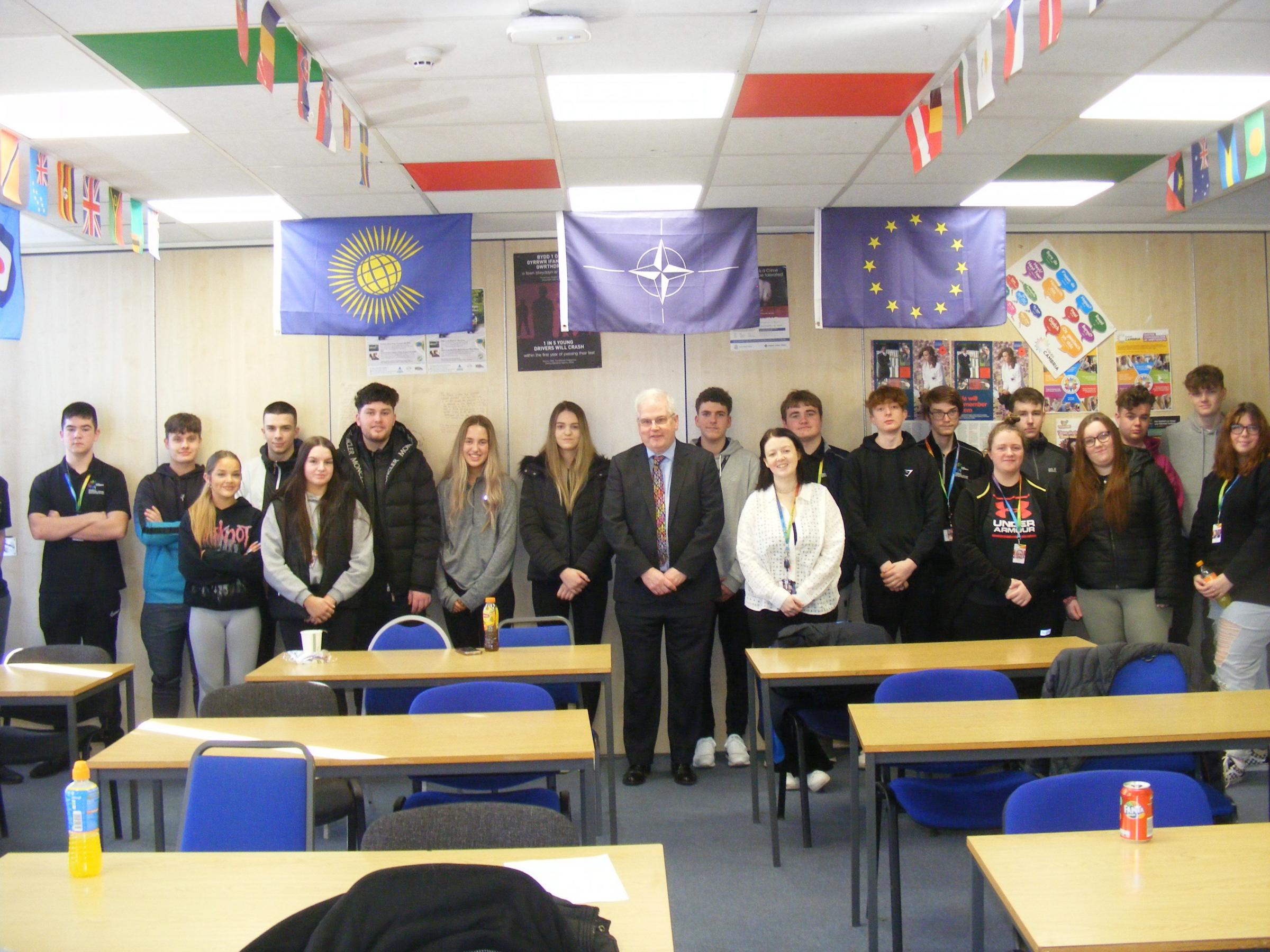Mark Tami MP, with students on the Uniformed Protective Services course at Coleg Cambria, Connah’s Quay.