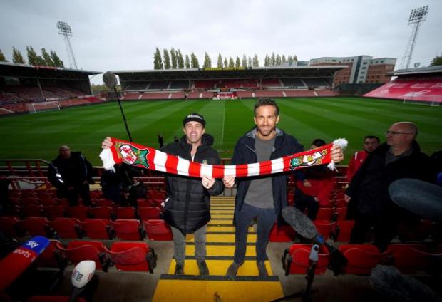 The Leader: Wrexham co-chairmen Rob McElhenney and Ryan Reynolds during a press conference at the Racecourse Ground, Wrexham. Picture date: Thursday October 28, 2021..
