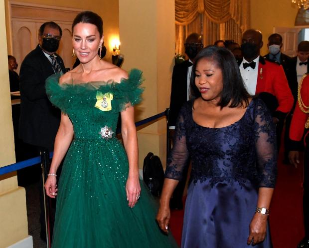 The Leader: Patricia Allen (right), wife of Patrick Allen, Governor General of Jamaica, teacher and nurse, arrives with the Duchess of Cambridge for a dinner hosted by her husband at King's House, Kingston, Jamaica, on day five of the royal tour of the Caribbean. (PA)
