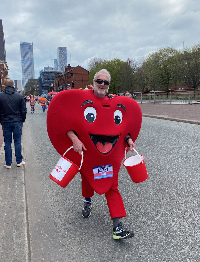 Steve Morgan, P&A Group managing director, ran the marathon as British Heart Foundation mascot, Mr Hearty.