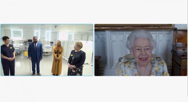 The Leader: Queen Elizabeth II speaking to Dr Marie Healey, Divisional Director for Surgery and Critical Care; Mr Asef and Mrs Shamina Hussain; and Jackie Sullivan during a video link call (PA)