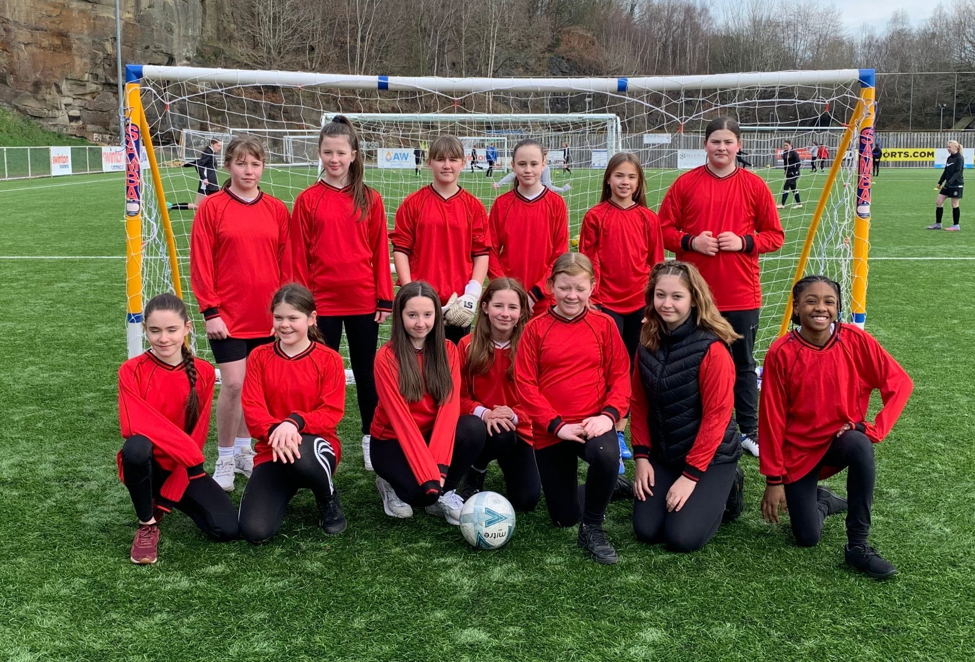 Ysgol Rhiwabon girls who took part in a seven-a-side event at Cefn Druids FC ground, The Rock.