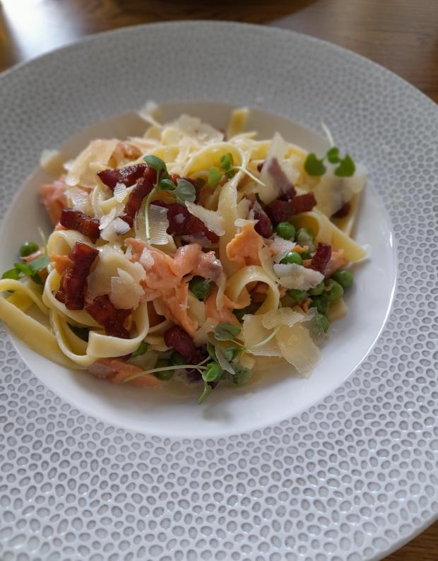 The Leader: Shetland mussel and Steelhead smoked trout tagliatelle, crispy pancetta, peas, wilted rocket and parmesan