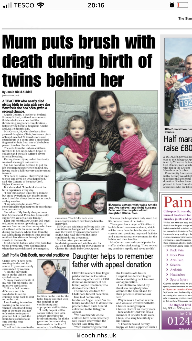 How we reported Angelas tale of how she and her twin daughters were saved by the Countess of Chester Hospital team 10 years ago.