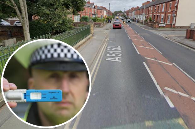 Ruabon Road in Wrexham (Image: Google) and, inset, a police officer shows a drug test