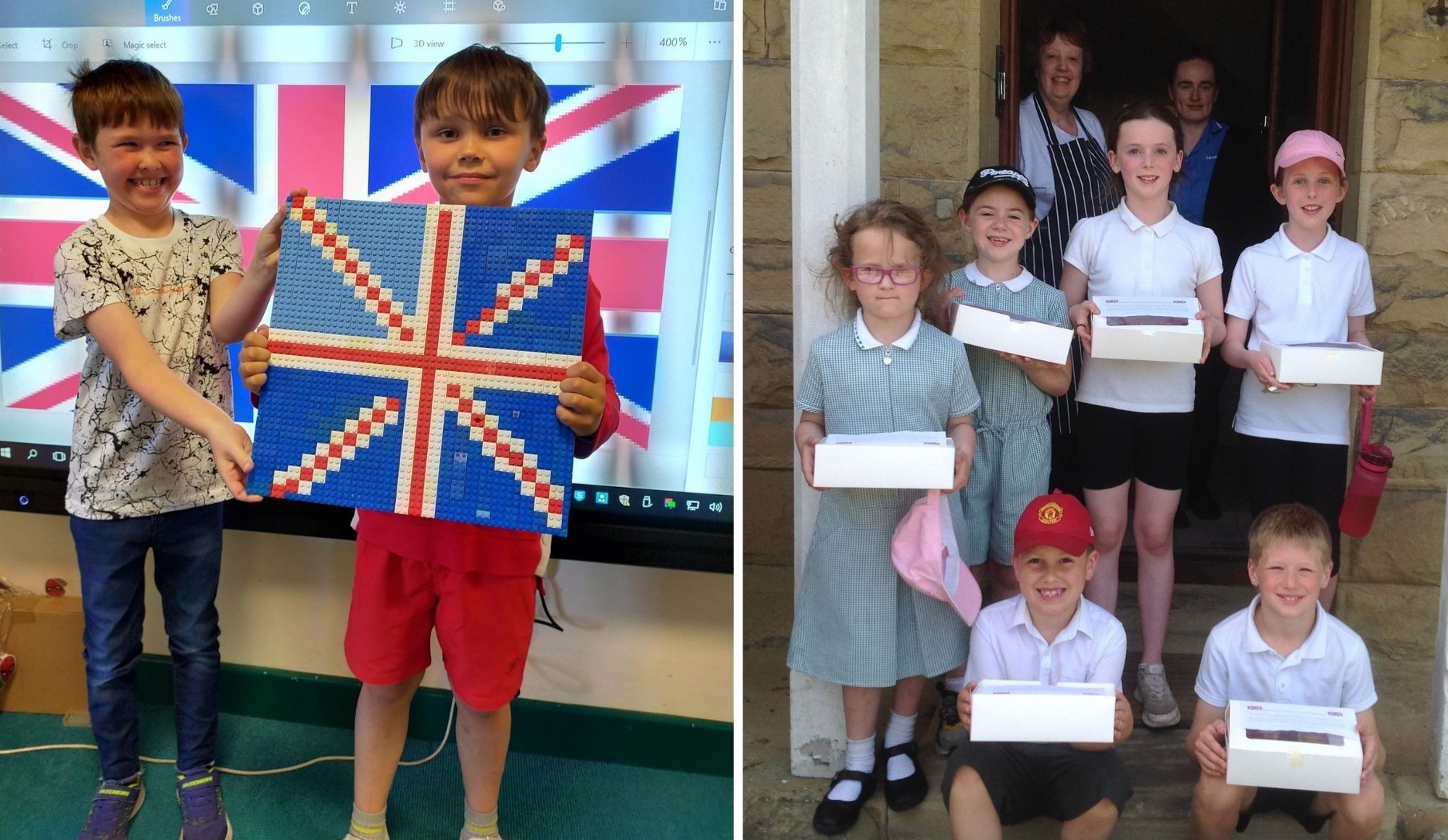 Ethan and Seb of Year 2 with their Lego Union Jack (left) and Year 2 and Year 4 pupils visiting Penygelli Hall.