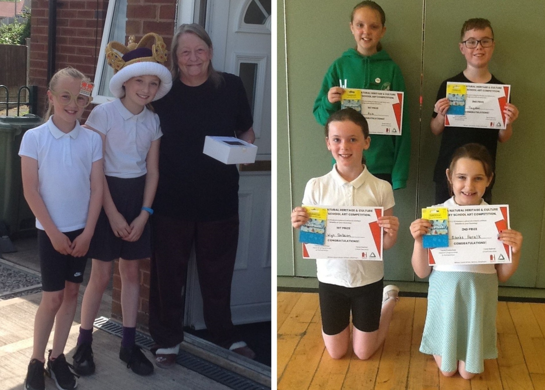 Imogen and Lucy of Year 6 handing and Afternoon Tea box to one of the local residents (left) and Minera Leadmines poster design winners from Penygelli School.