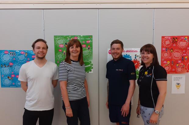 Lesley Griffiths MS alongside (L to R) Barkers Lane CP School Year 1 Teacher, Mr Gavin Hayes; Liam Jones from Active Wrexham and Create Development’s North & North Wales Area Manager, Vikki Roberts.