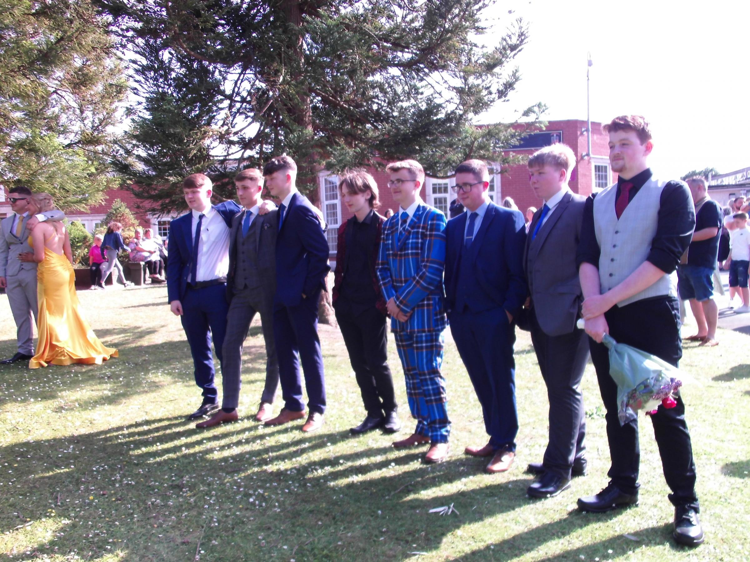 Ysgol Rhiwabon prom: Alfie Saunders, Henry Green, Tom Colley, Liam haycocks, Kamil Grzelak, Tyler Richards, Dylan Goodwin and Kailan Hewitt.