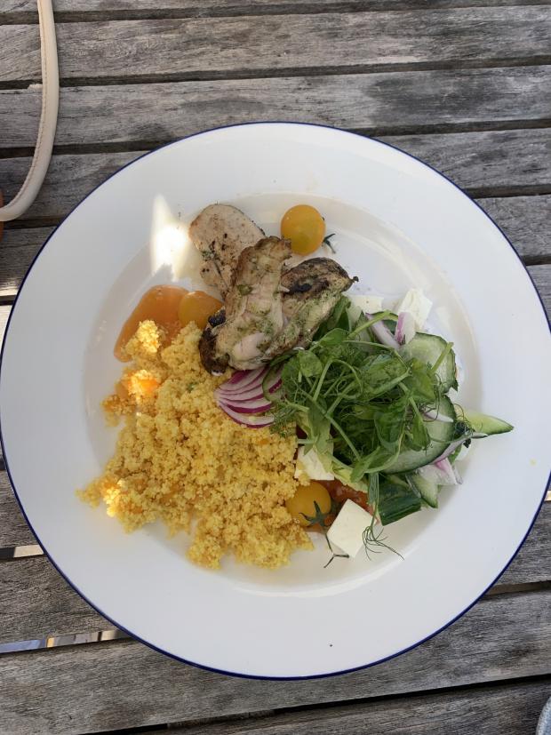 The Leader: Marinated chicken with orange and chilli glaze tzatziki salad, feta, apricot cous cous 15.95