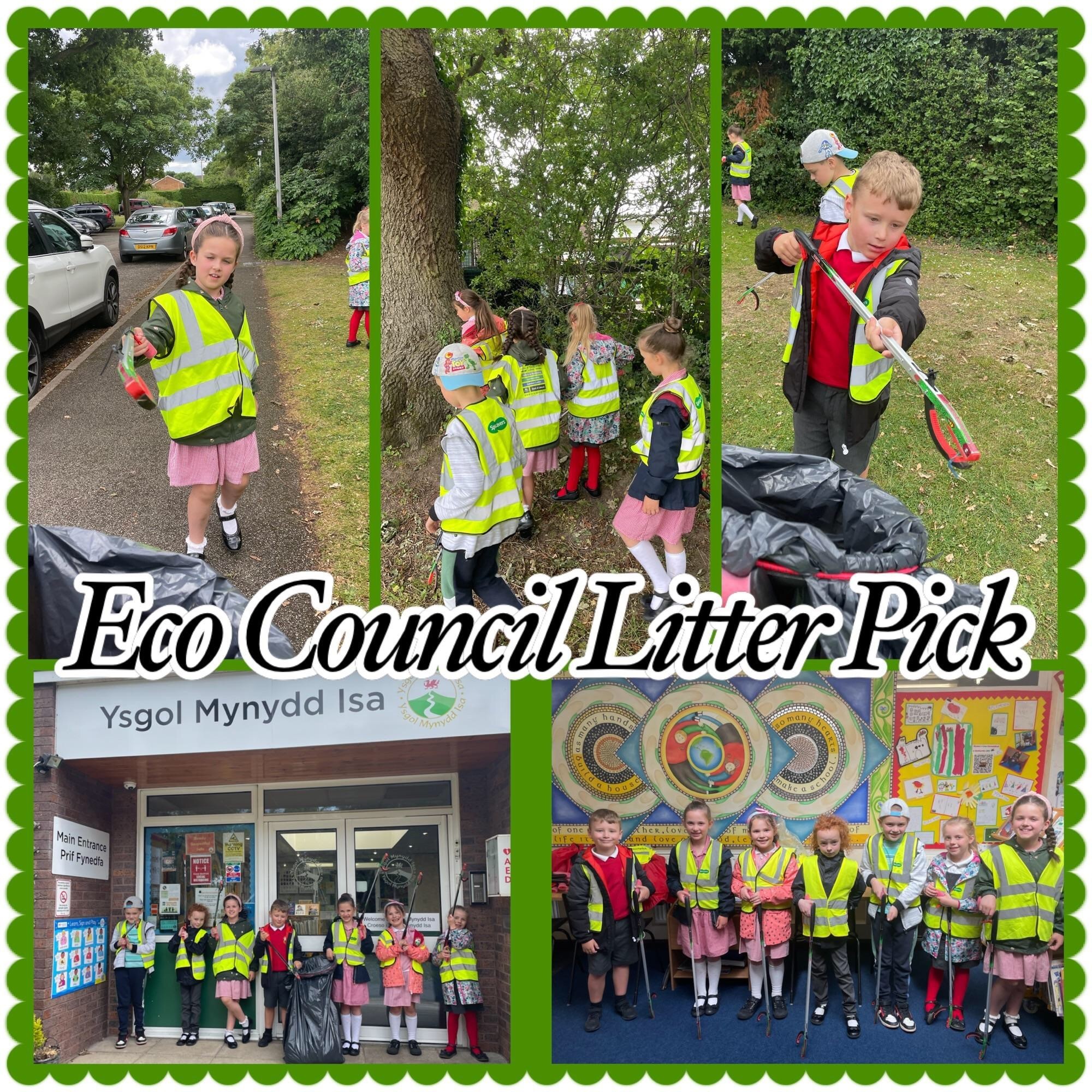 Ysgol Mynydd Isa Year 2 Eco-Council members on a litter pick.