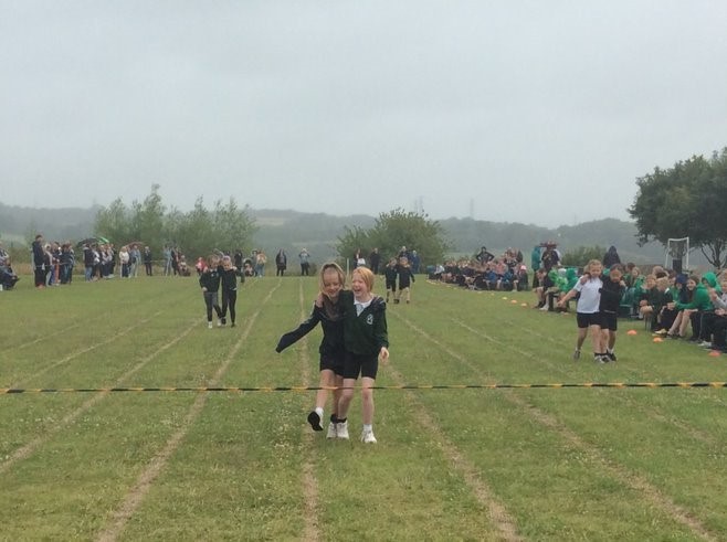 Sports day at Ysgol Penygelli - Evie and Isla had fun running in the three legged race.