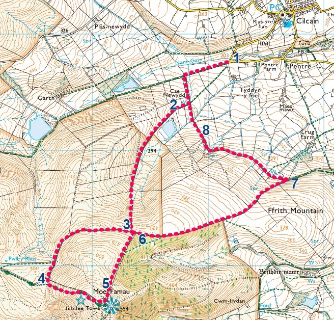 Map of the Cilcain - Moel Famau walk. Image courtesy of Flintshire County Council