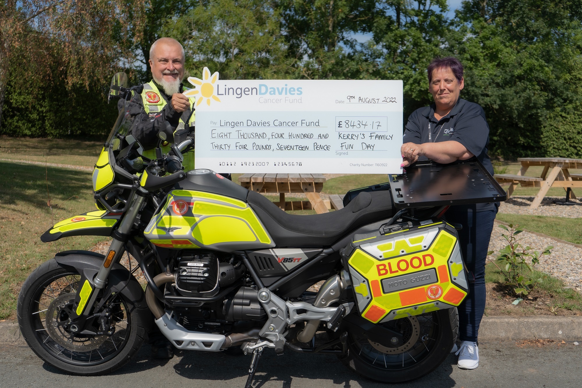 Dave Lowe (left) a volunteer from Shropshire, Staffordshire, and Cheshire Blood Bikes, and Kerry Clorley from Riello UPS