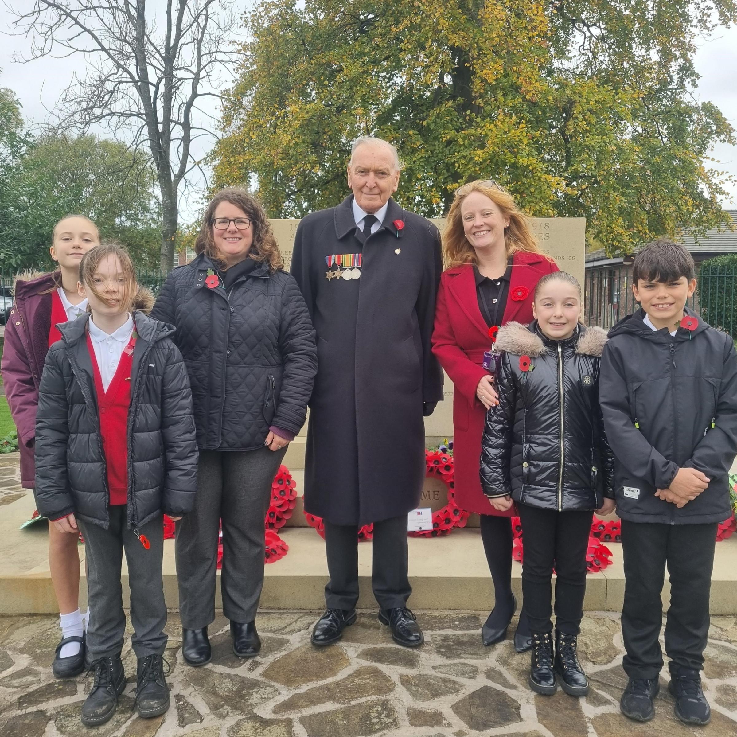 Lord Barry Jones and headteacher Sarah Jones, with pupils from Westwood Primary School.