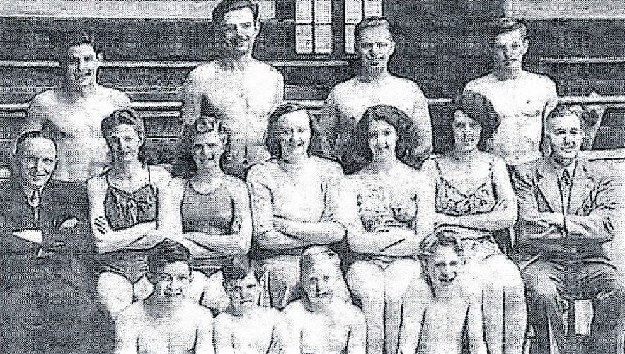 Buckley Swimming Club in 1947 with Ella Towell in the centre, middle row. Photo courtesy of Brian Bennett
