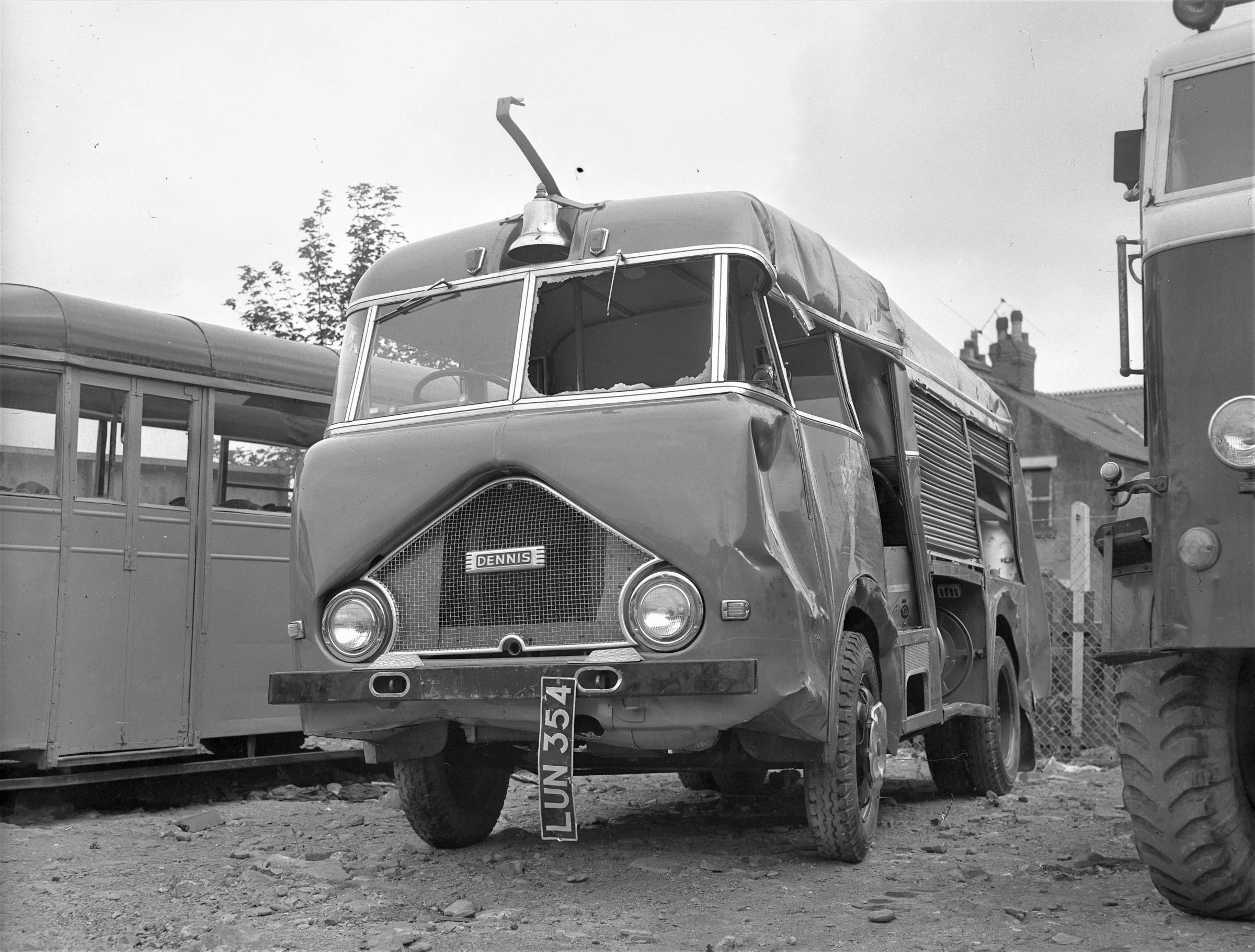 Damaged fire engine, after it overturned, Llangollen, 1961. 