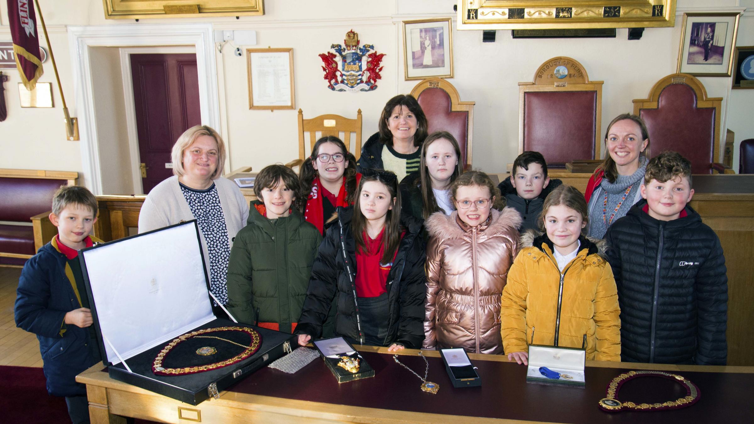 Ysgol Croes Atti pupils and staff with Mayor of Flint, Cllr Michelle Perfect.
