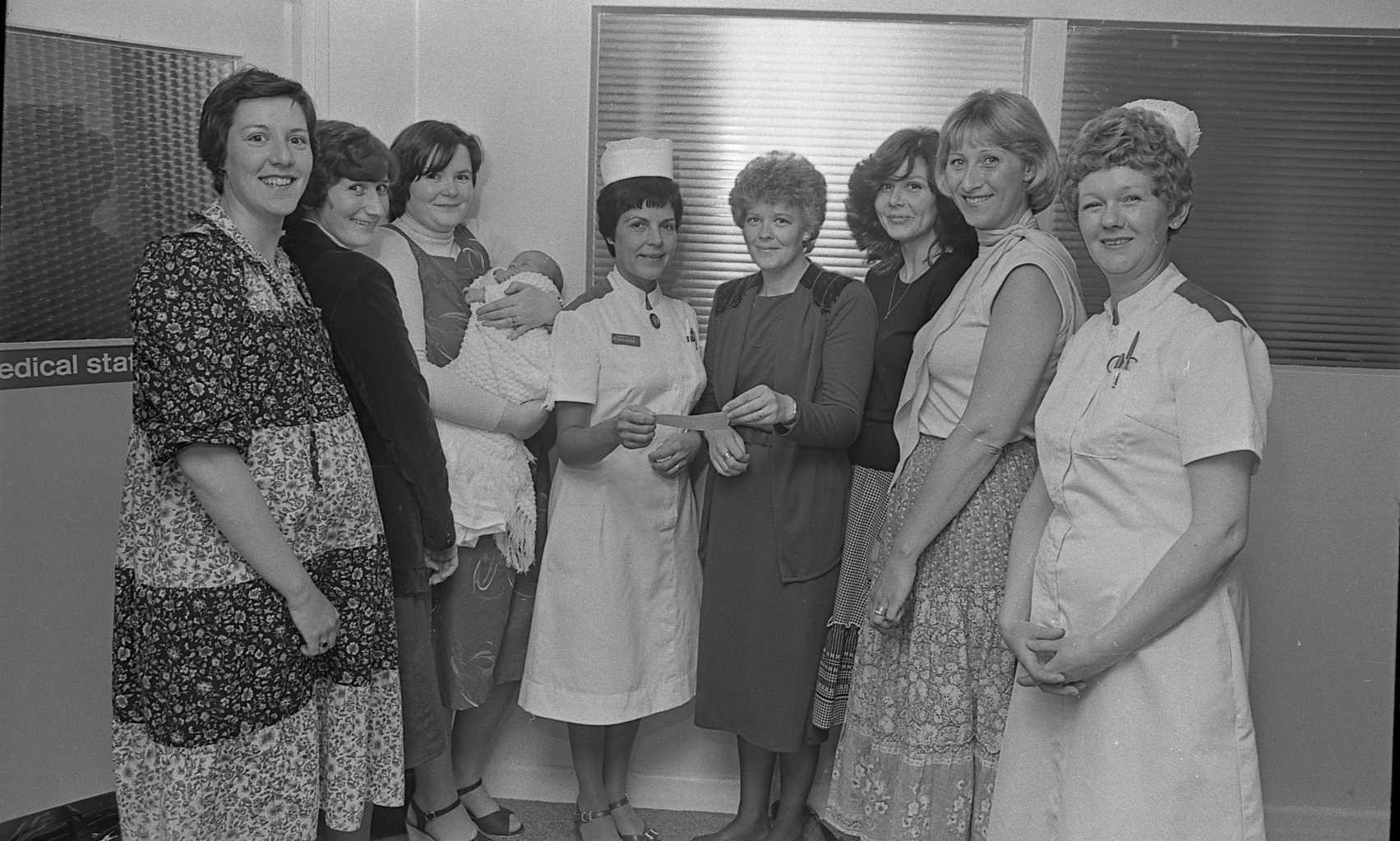 Wrexham Police Ladies present Maelor Hospital with a donation, June 1981.