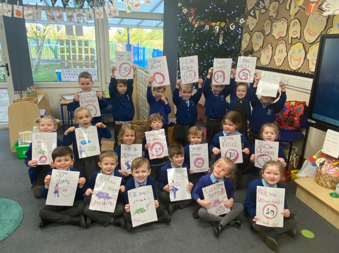 The Rofft School reception class with their speed awareness posters.