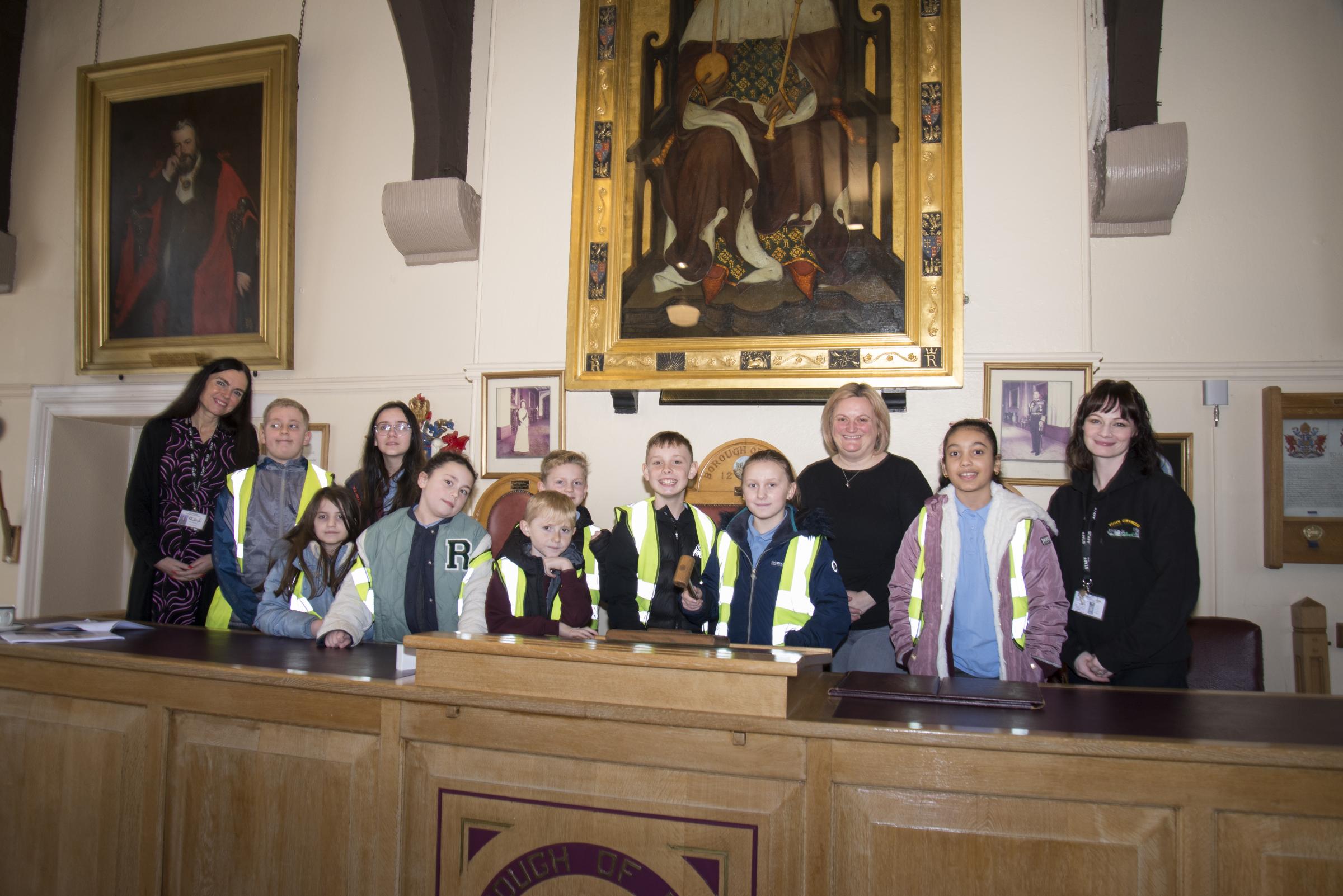Pupils and staff from Ysgol Gwynedd at Flint Town Hall, with Mayor Cllr Michelle Perfect.