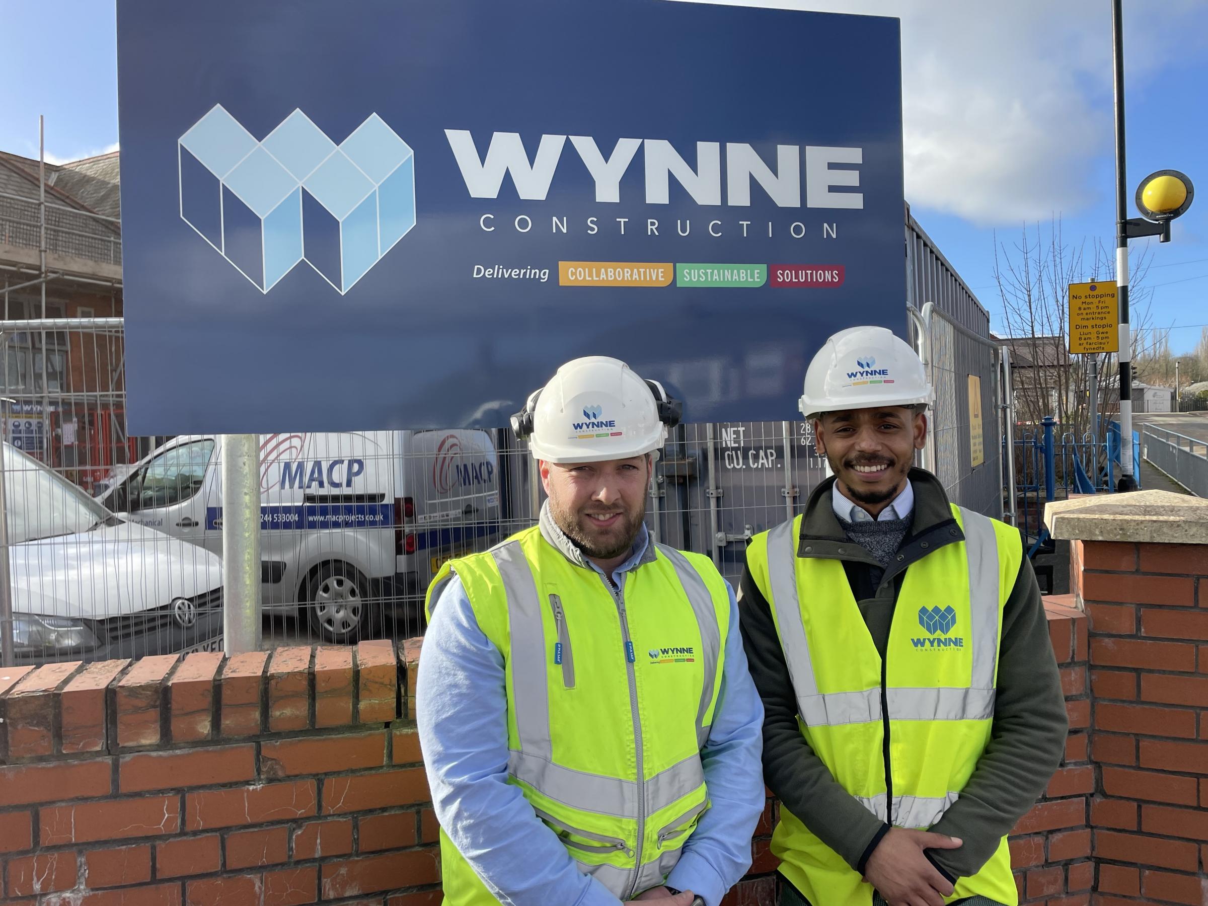 Wynne Construction site manager Liam Jones, with Wrexham Glynd?r University student Marcio Lanita.