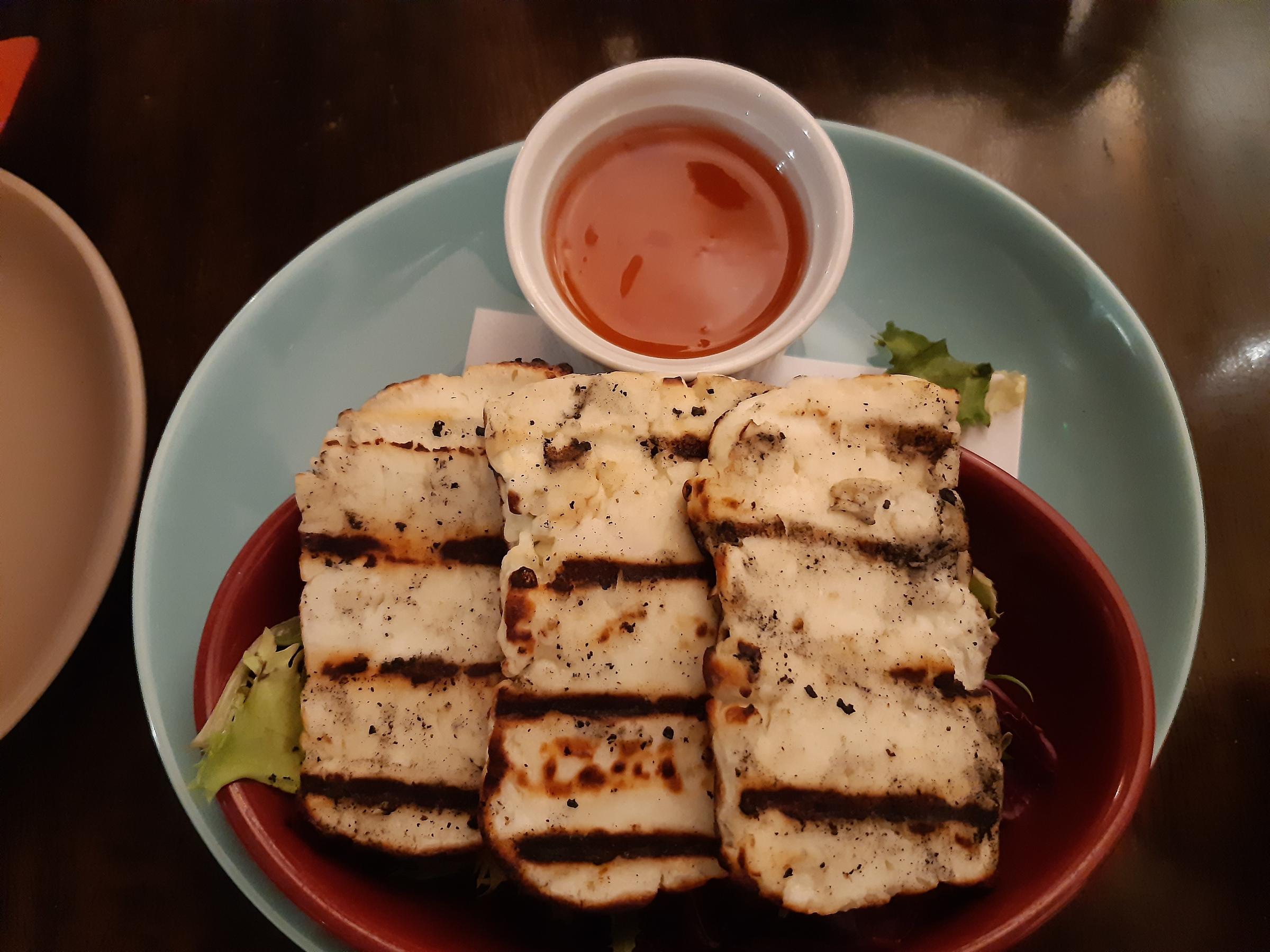 Grilled halloumi at the Fox & Grapes in Hawarden.