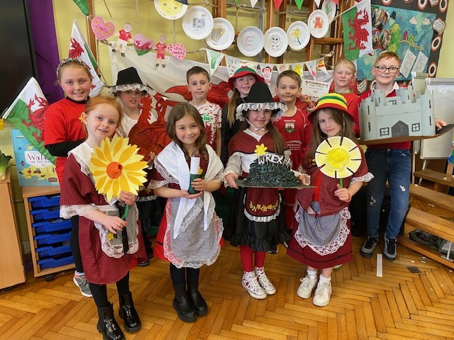 Some of the Ysgol Y Waun pupils with their St Davids Day eisteddfod crafts.