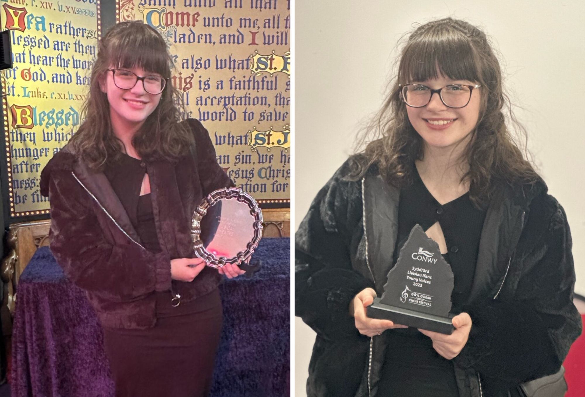 Emily Stephenson with first Prize in the Oswestry Youth Music Festival (left) and with the Conwy Choir Festival third prize.