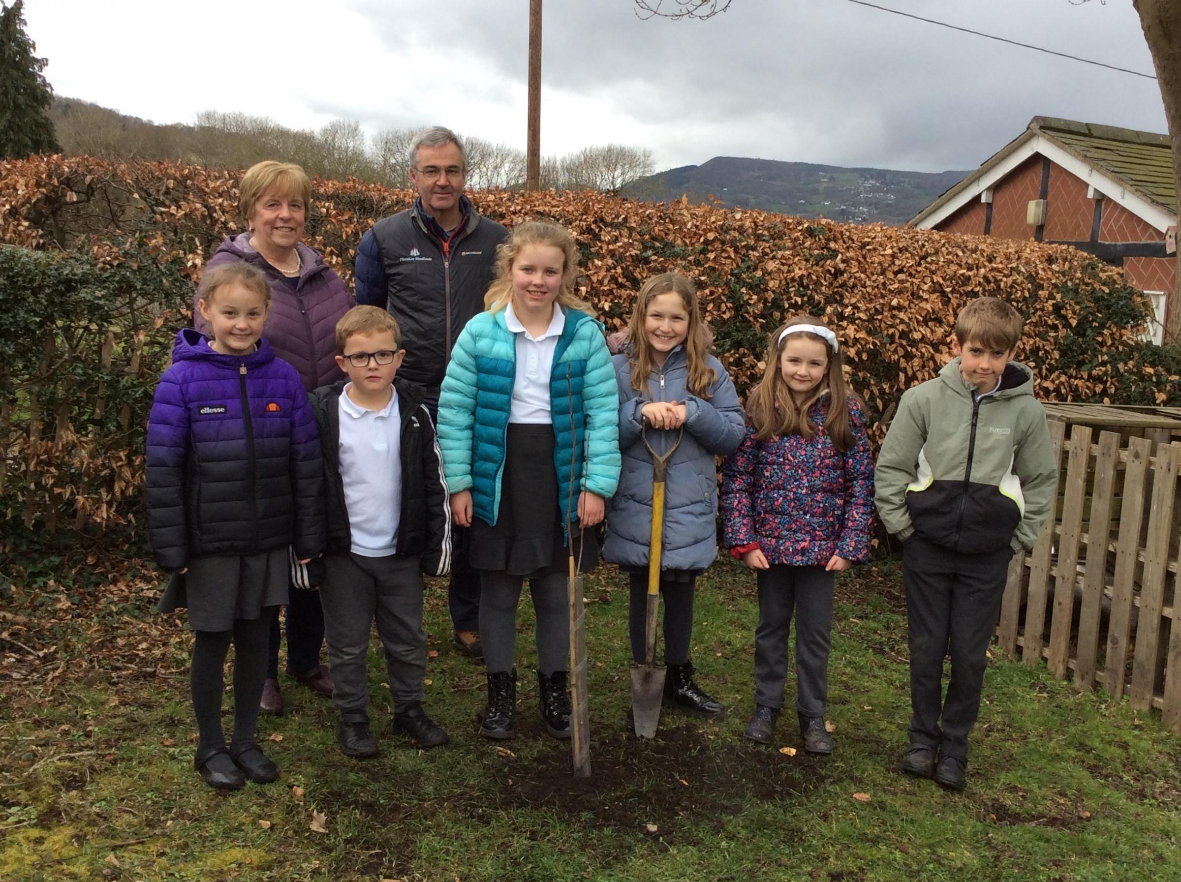 Tree planting for the Queens Green Canopy, from Ysgol Pentre pupils.
