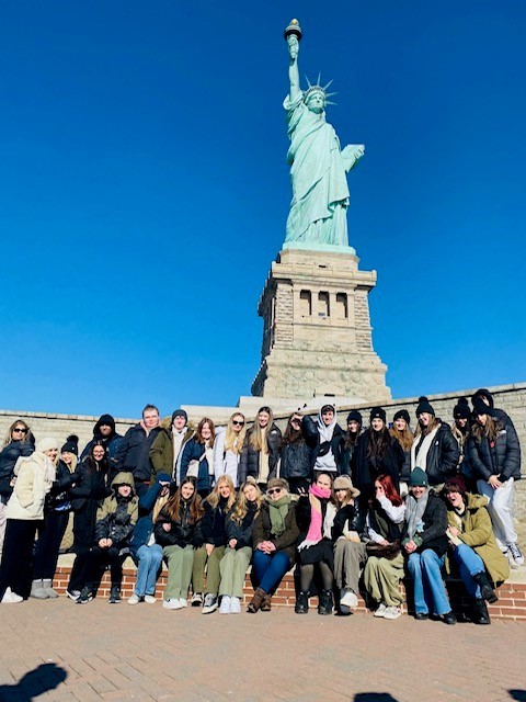The Argoed High School students at the Statue of Liberty.