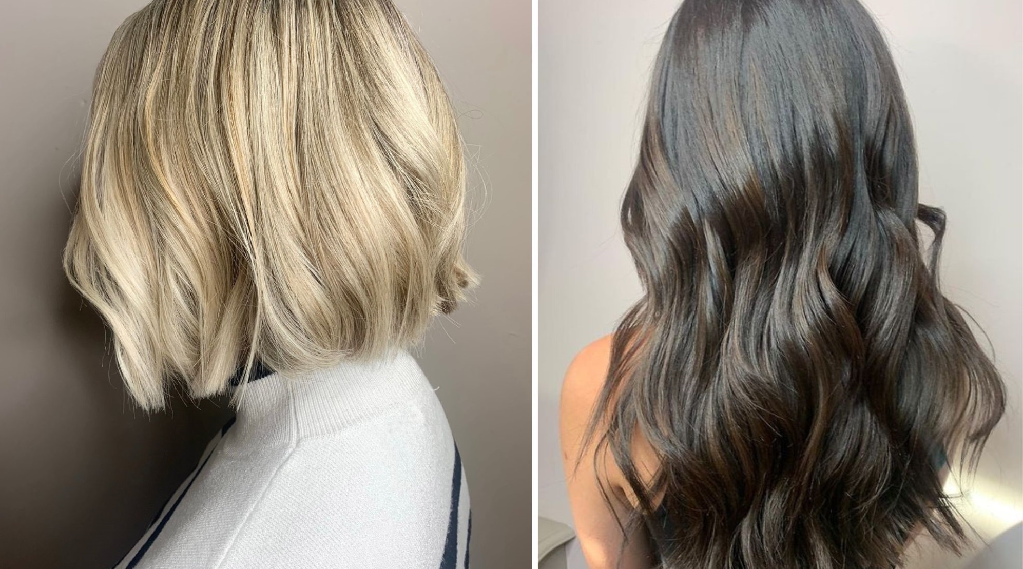 Blunt blonde bob and long brunette balayage at the salon.