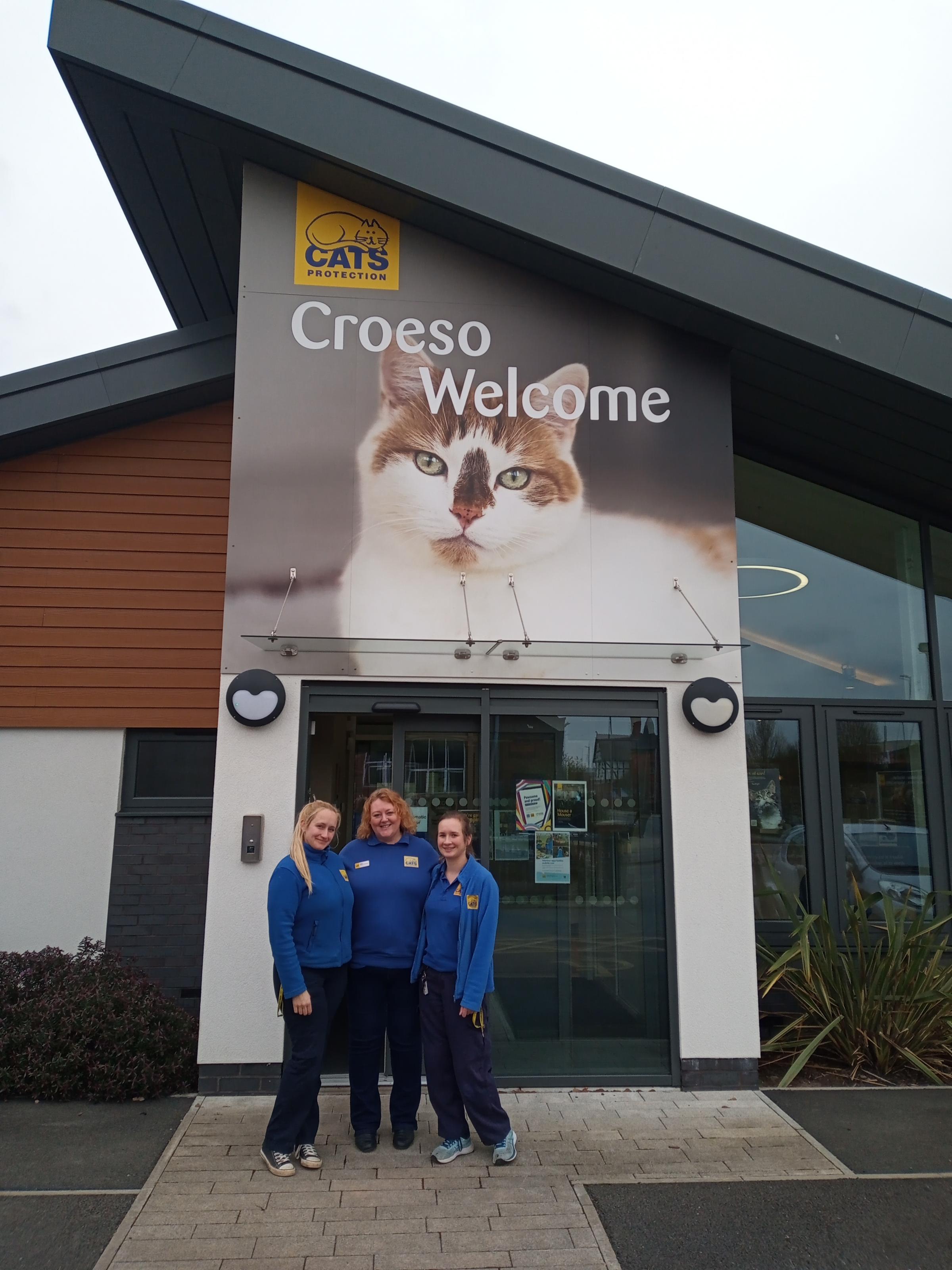 Cats Protection Wrexham manager Suzan Kennedy (centre) with staff Georgia Crocker and Zoe Darley.