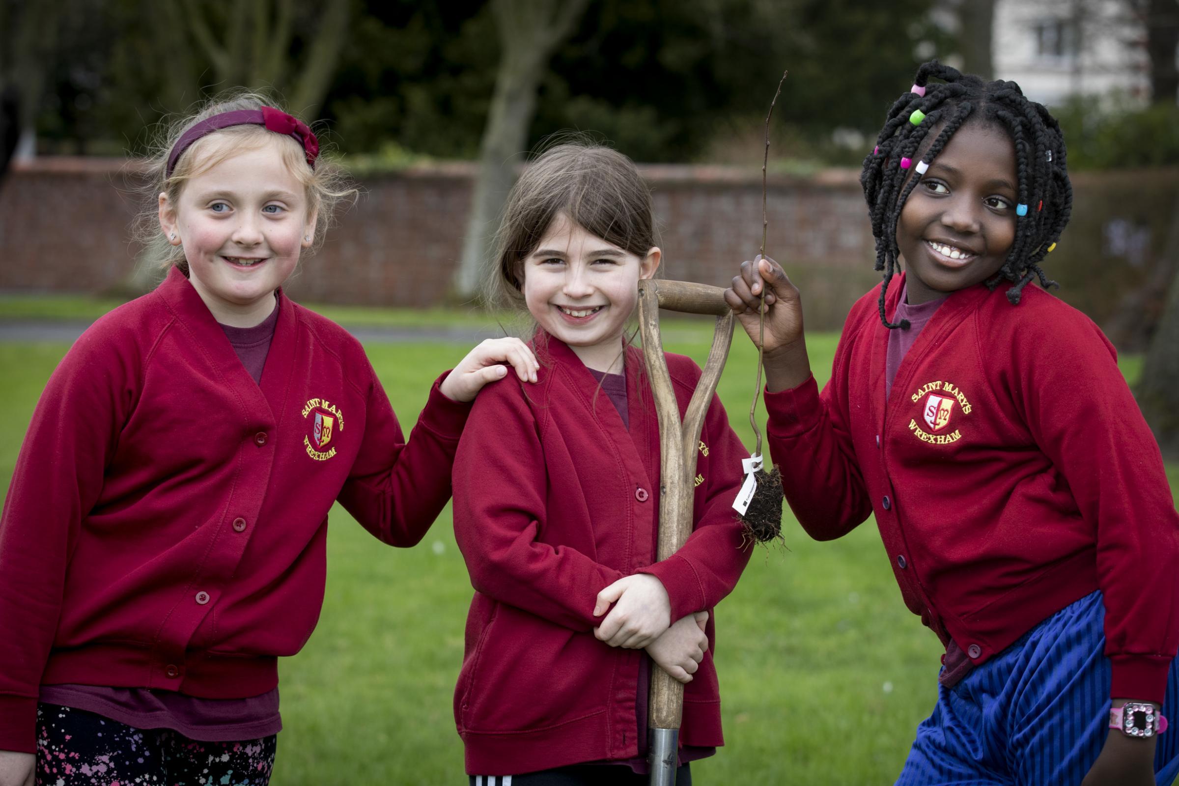 St Marys primary school pupils plant trees with residents of Hillbury and Gwern Alyn, Wrexham. Pupils Evie Shelley, Alexandra Pereira and Sabrina Kiao. Picture Mandy Jones