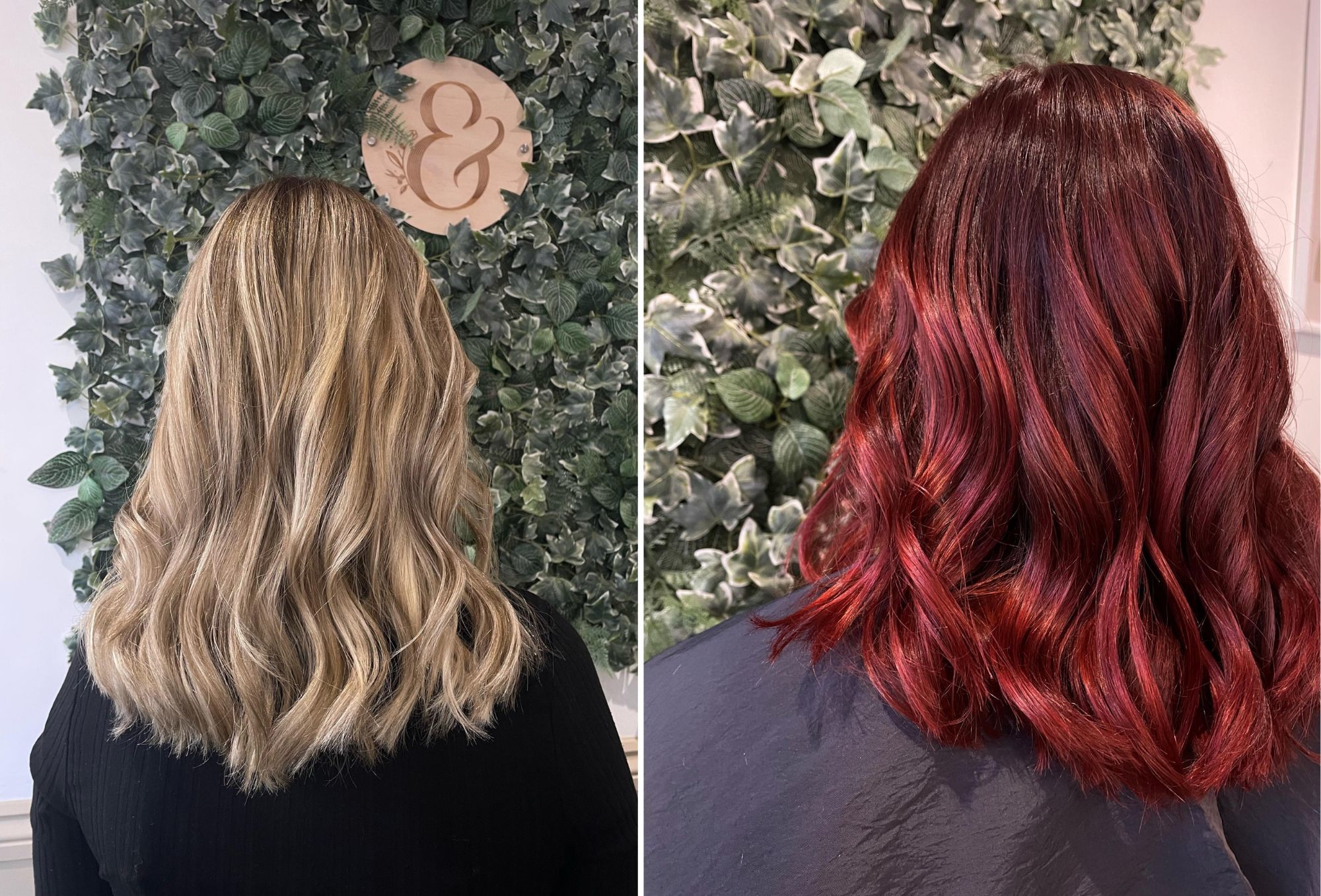 Blonde balayage (left) and vivid red at Curl Up and Dye.