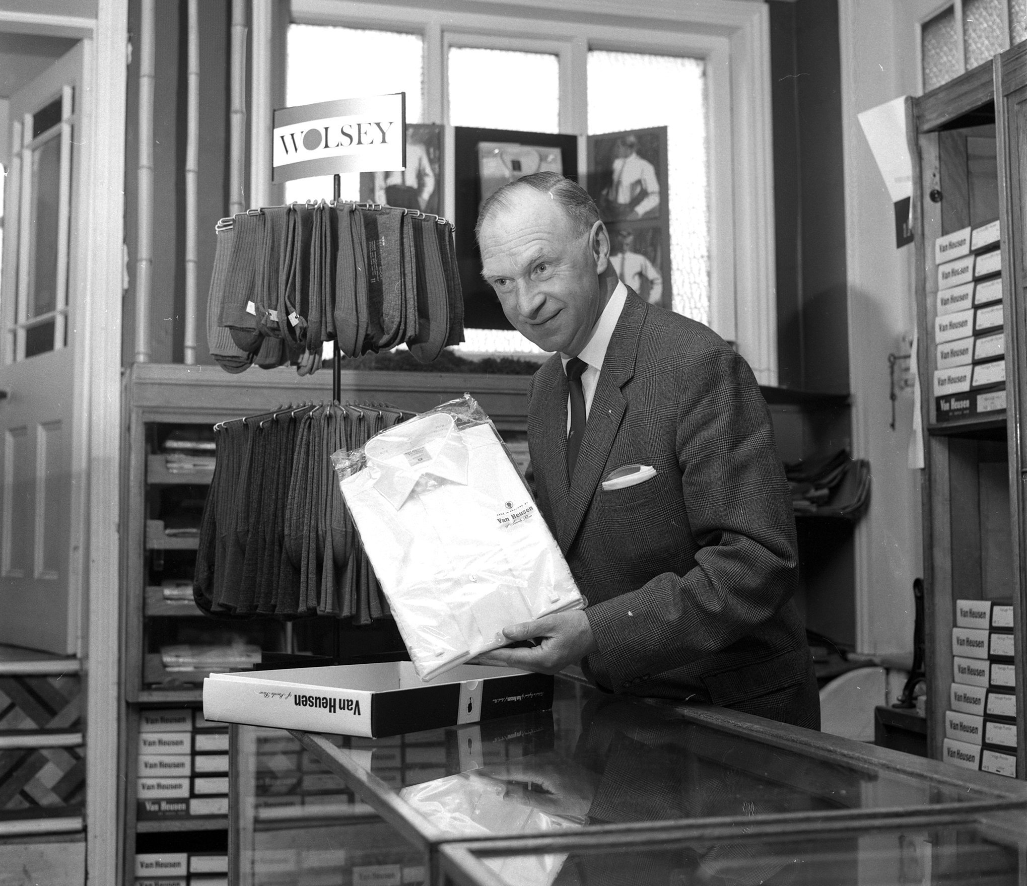 George Davies, manager of E.R. Hughes for Menswear - The Bon, in Wrexham, 1966.