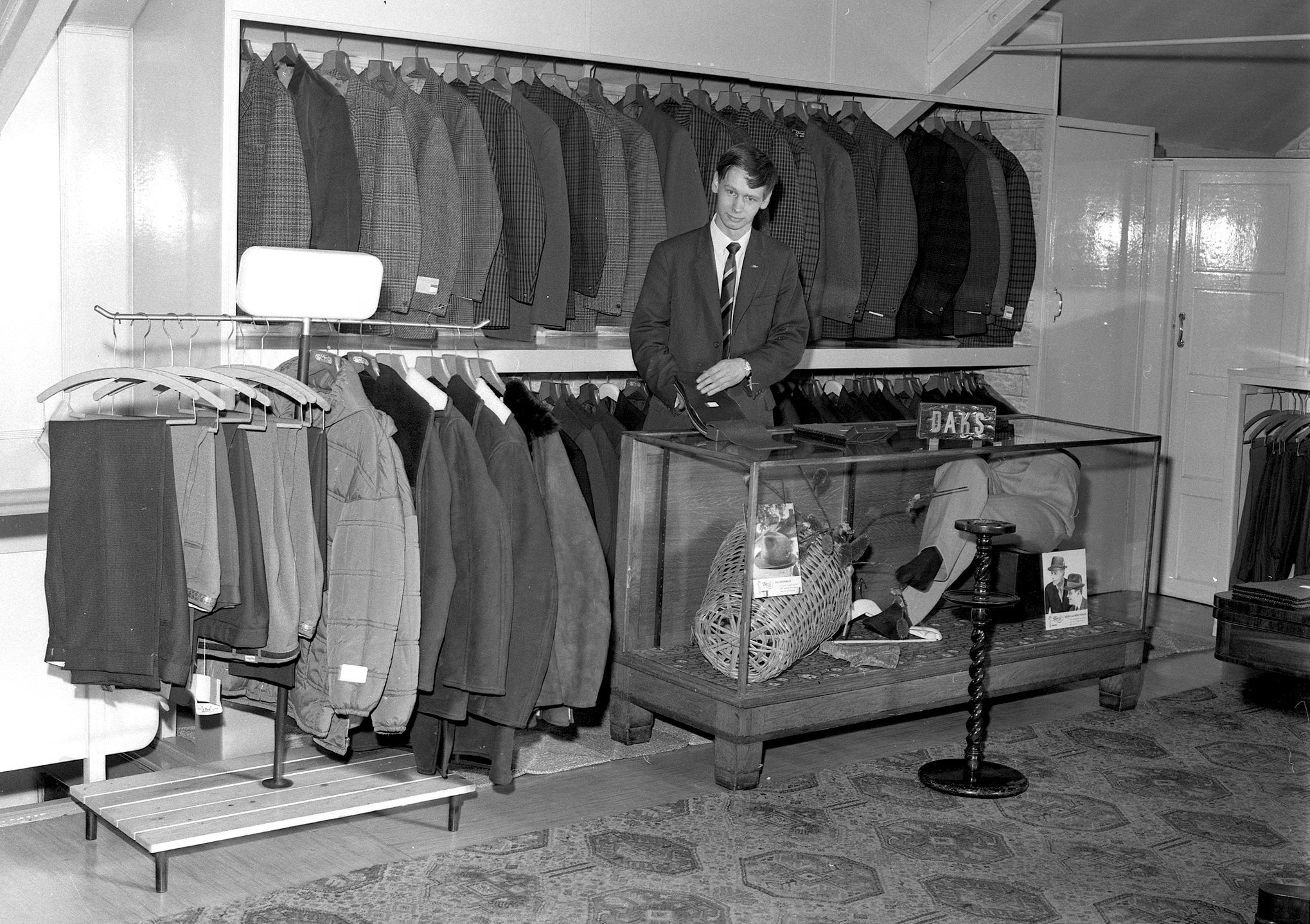 John Alan Jones, working at The Bon menswear shop in Wrexham, 1966.